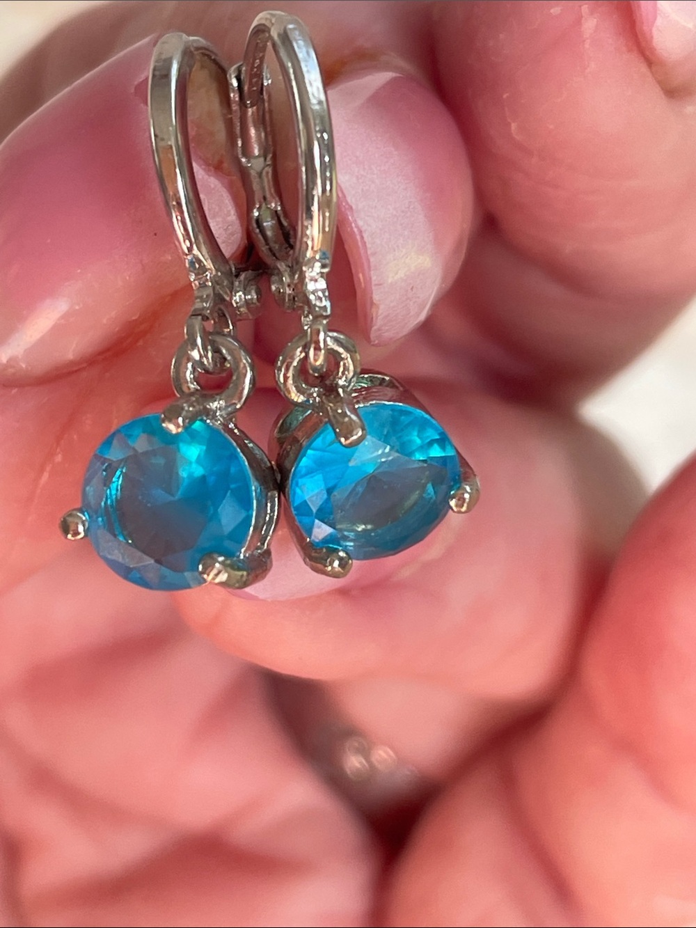 Silver Tone huggies Hoop Earrings with Blue Gem Dangles 1”